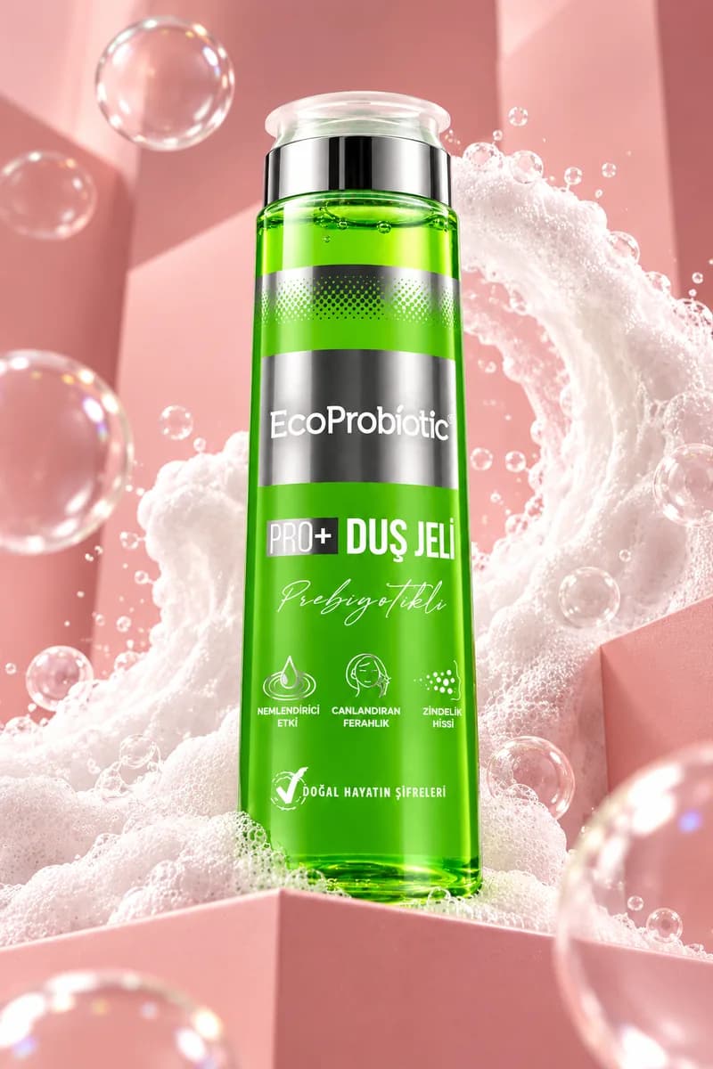 EcoProbiotic Prebiyotikli Duş Jeli, köpük ve su kabarcıkları arasında