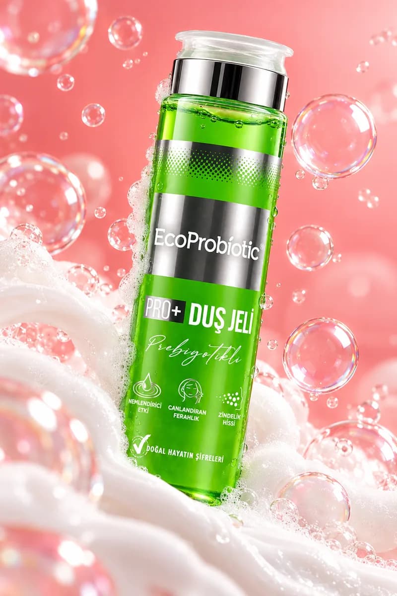 EcoProbiotic Prebiyotikli Duş Jeli, köpük ve su kabarcıkları arasında