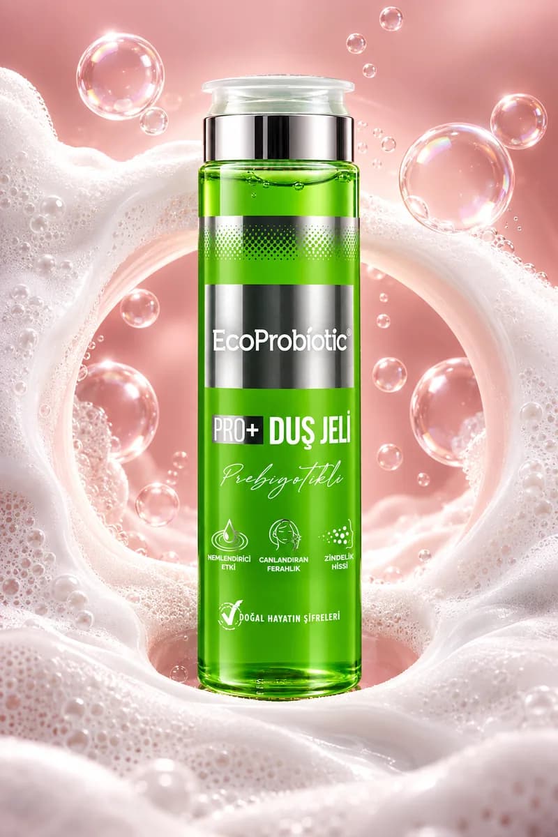 EcoProbiotic Prebiyotikli Duş Jeli, köpük ve su kabarcıkları arasında