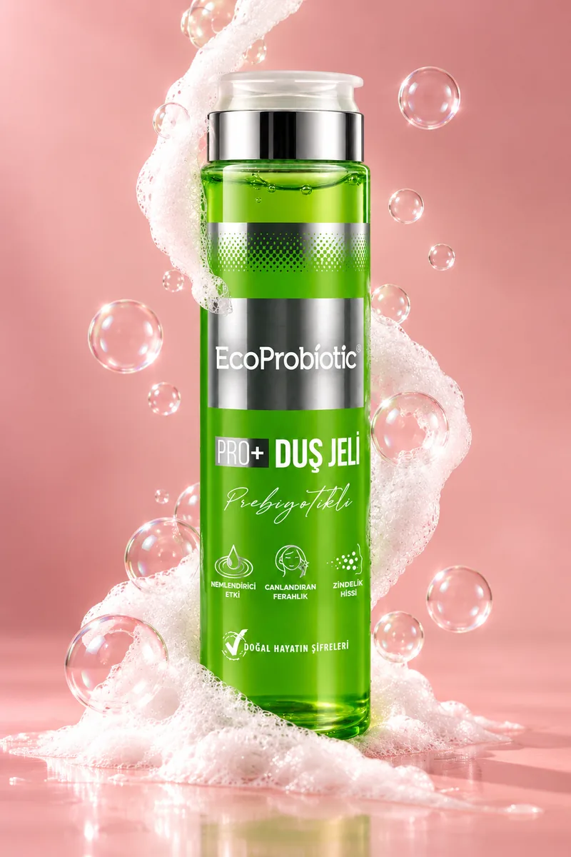EcoProbiotic Prebiyotikli Duş Jeli, köpük ve su kabarcıkları arasında